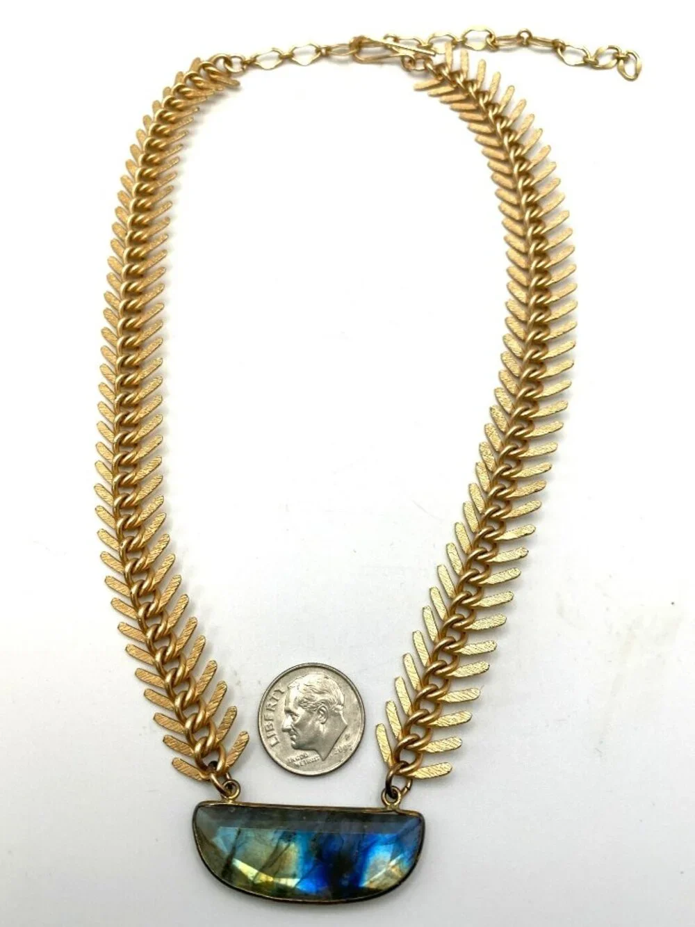 Swara Labradorite Necklace Fishbone Artisan Handmade Brass 14k Gold Plated - Picture 7 of 7